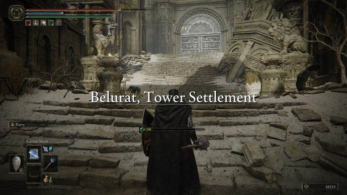 A Tarnished enters Belurat, Tower Settlement in Elden Ring: Shadow Of The Erdtree