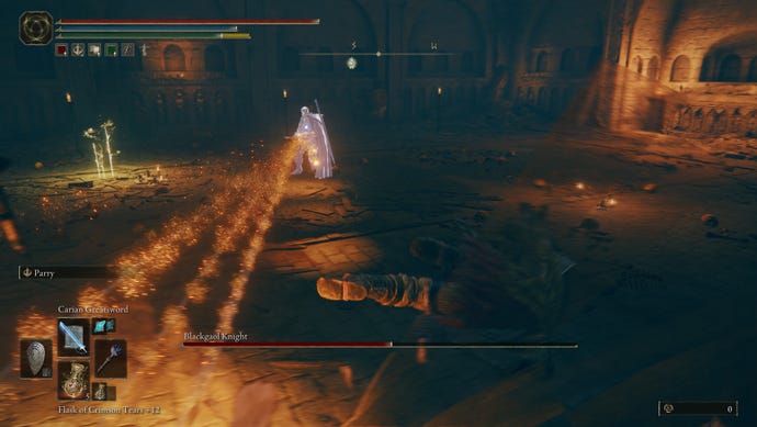 Avoiding the Blackgaol Knight's exploding Crossbow bolts in Elden Ring: Shadow Of The Erdtree.