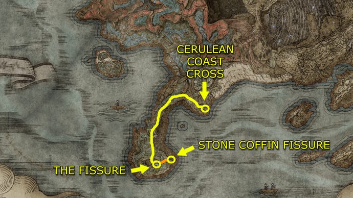 A map showing a yellow route outlining various key points the player must traverse to get to Stone Coffin Fissure in Elden Ring: Shadow of the Erdtree.