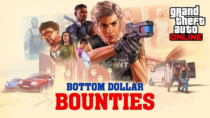 Key art for the Bottom Dollar Bounties GTA Online update, showing a collage of characters posing with guns and cars