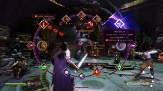 A scene of the ability wheel in Dragon Age: The Veilguard, with characters waving swords and bows at demons