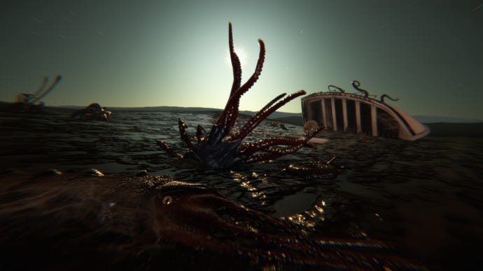 Some large squid in an ocean with floating wreckage in horror game Dagon.