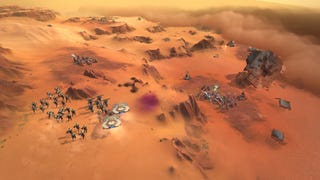 Warring factions battle on a vast desert in Dune: Spice Wars.