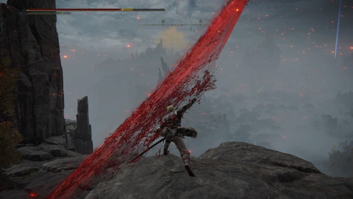 Screenshot of a large bloody slash emitting from the player's blade via the Bloody Slash Ashes of War in Elden Ring.