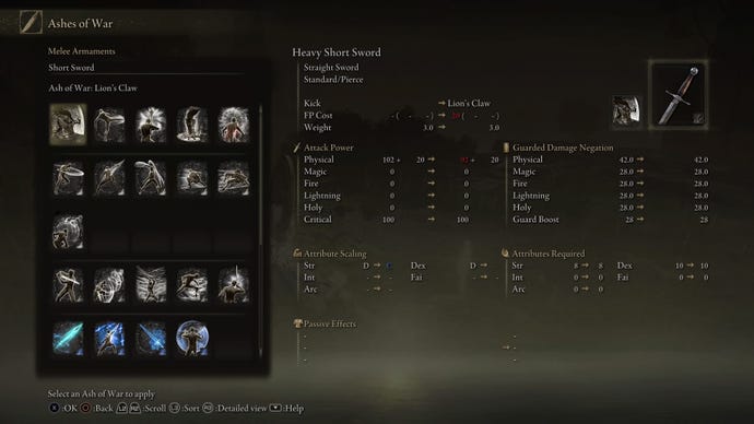 Screenshot of the item description for the Lion's Claw Ashes of War in Elden Ring.