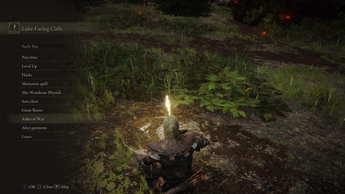 Screenshot of the Tarnished resting at a Site of Grace in Elden Ring, featuring the Ashes of War menu.