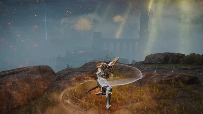 Screenshot of the Tarnished slashing with their blade, via the Spinning Slash Ashes of War in Elden Ring.