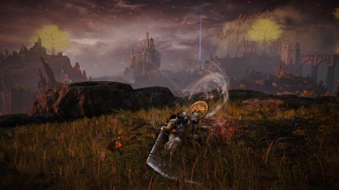Screenshot of the Tarnished summoning a wind cloud via the Storm Blade Ashes of War in Elden Ring.