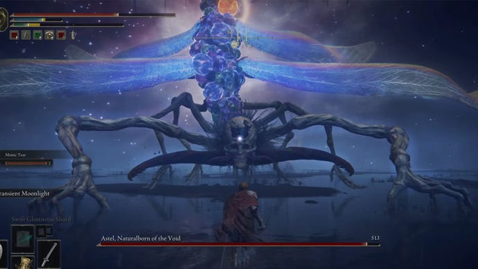 Screenshot of the Tarnished facing off against Astel, Naturalborn of the Void, a boss in Elden Ring.