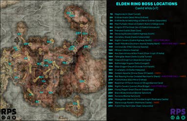 A map of Caelid in Elden Ring, with the locations of every single boss encounter marked and numbered.