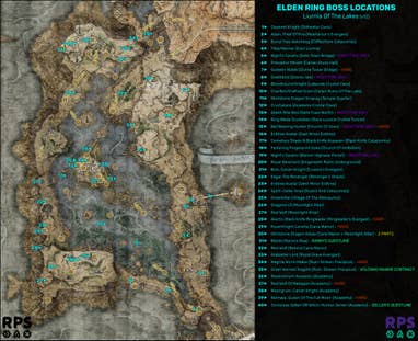 A map of Liurnia in Elden Ring, with the locations of every single boss encounter marked and numbered.