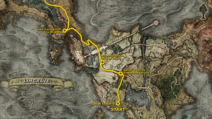 Part of the Elden Ring map, with the fastest path to reach the Shadow Of The Erdtree expansion starting point highlighted in yellow.