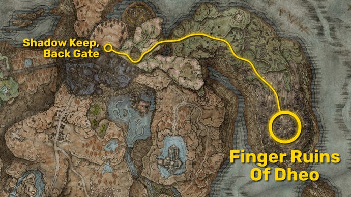 Part of the Elden Ring: Shadow Of The Erdtree map, with the path from the Shadow Keep to the Finger Ruins Of Dheo marked in yellow.