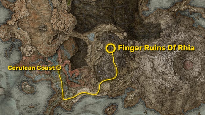 Part of the Elden Ring: Shadow Of The Erdtree map, with the path from the Cerulean Coast to the Finger Ruins Of Rhia marked in yellow.