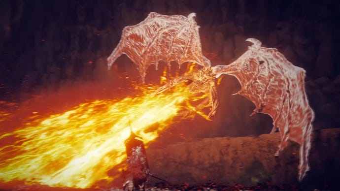 Bayle The Dread, a main boss in Elden Ring: Shadow Of The Erdtree DLC, sends a huge spume of red lightning flame towards the player while flying through the air.