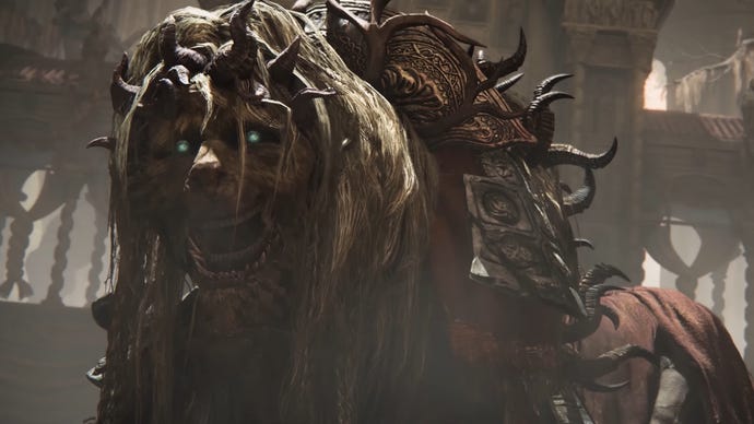 The Divine Beast Dancing Lion, a main boss in Elden Ring: Shadow Of The Erdtree DLC, stands looking menacingly at the camera.