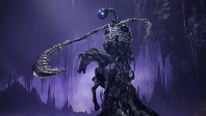 The Putrescent Knight, a main boss in Elden Ring: Shadow Of The Erdtree DLC, rears up on its steed while brandishing its boomerang-like weapon in a purple-coloured cave.