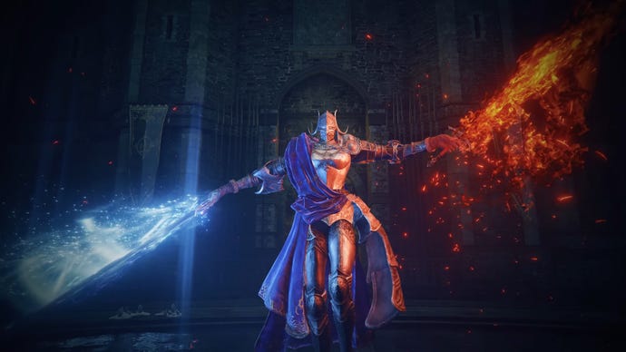 Rellana, Twin Moon Knight, a main boss in Elden Ring: Shadow Of The Erdtree DLC, ignites her Twin Blades, one blue with magic and one red with flame.