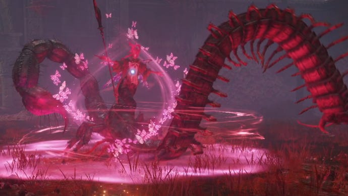 Romina, Saint Of The Bud, a main boss in Elden Ring: Shadow Of The Erdtree DLC, conjures Scarlet Rot butterflies to defend herself while bathed in a pink glow.