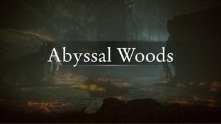 An establishing shot of the landscape of the Abyssal Woods region in Elden Ring: Shadow Of The Erdtree. The words "Abyssal Woods" are superimposed over the top.