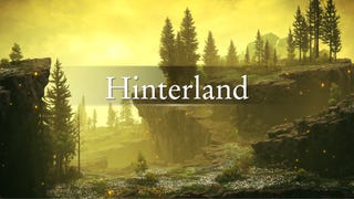 An establishing shot of the Hinterland region in Elden Ring: Shadow Of The Erdtree: a landscape of cliffs, trees, and brightly coloured flowers. Superimposed over the image is the word "Hinterland".