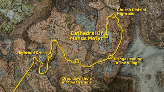 Part of the map of Elden Ring: Shadow Of The Erdtree focused on Scadu Altus, with the path from Castle Ensis to the Cathedral of Manus Metyr marked in yellow.