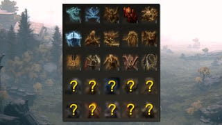 The list of all Remembrance items in Elden Ring, with the 10 new Remembrances from Shadow Of The Erdtree blurred out and replaced with a question mark. In the background is a rainy scene from the Weeping Peninsula region of Elden Ring.