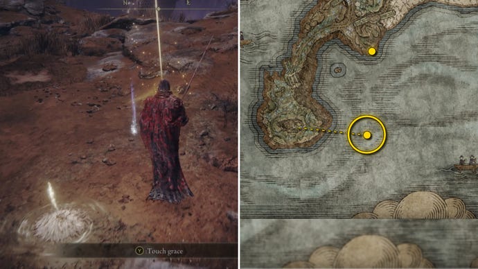 Two screenshots from Elden Ring: Shadow Of The Erdtree. Left: the player approaches a Scadutree Fragment. Right: the location of that Scadutree Fragment on the map.