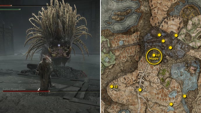 Two screenshots from Elden Ring: Shadow Of The Erdtree. Left: the player approaches a Scadutree Fragment. Right: the location of that Scadutree Fragment on the map.