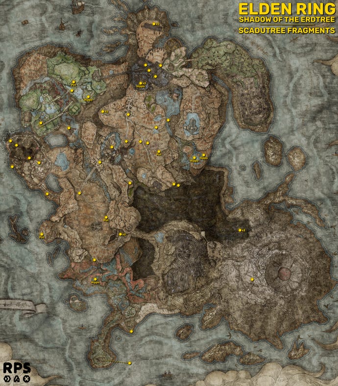 An Elden Ring: Shadow Of The Erdtree map of the Land Of Shadow, with the locations of all 50 Scadutree Fragments marked with yellow circles and annotations.