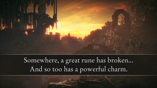 An establishing shot of the Ancient Ruins Of Rauh in Elden Ring: Shadow Of The Erdtree during a sunset. Some text at the bottom reads "Somewhere, a great rune has broken... And so too has a powerful charm."