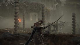 Screenshot of the Tarnished wielding the Backhand Blade whilst overlooking the Gravesite Plains in Shadow Of The Erdtree.