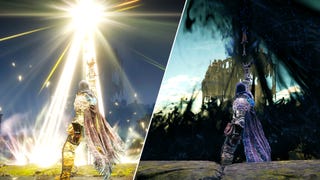 Two side-by-side screenshots of the player in Elden Ring: Shadow Of The Erdtree raising high their weapon and performing the skill of the Sword Of Light (left) and the Sword Of Darkness (right).