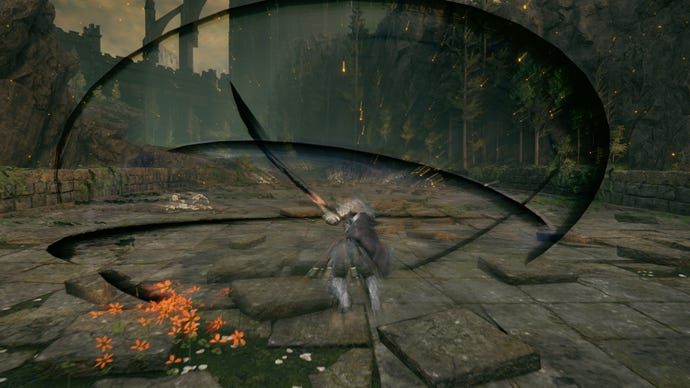 The player in Elden Ring: Shadow Of The Erdtree tries out the Sword Of Night skill on a bridge, with bands of darkness flying all around them as a result of the skill.