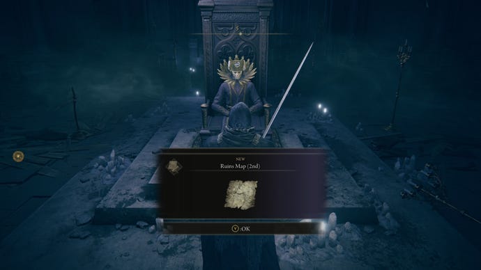 The player in Elden Ring: Shadow Of The Erdtree is given a ruins map by Count Ymir on his throne.