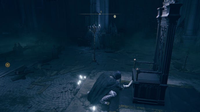 The player in Elden Ring: Shadow Of The Erdtree crouches down and places their hand on the base of Count Ymir's empty throne.