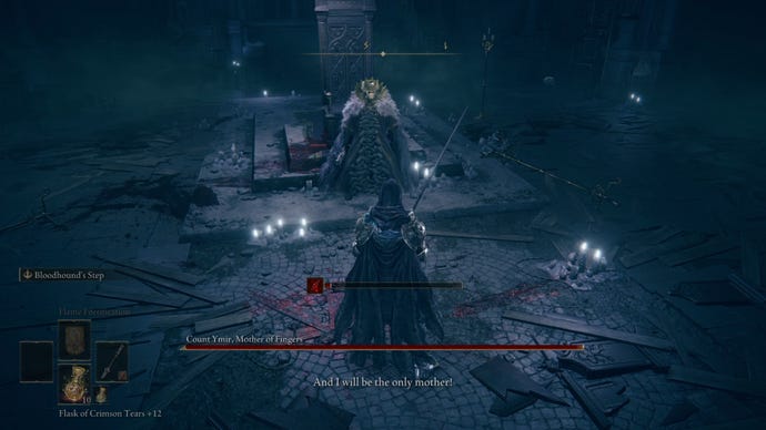 The player in Elden Ring: Shadow Of The Erdtree fights Ymir inside his throne room.
