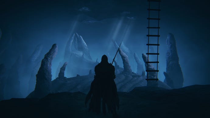 The player in Elden Ring: Shadow Of The Erdtree stands before some hidden Finger Ruins after descending a ladder.