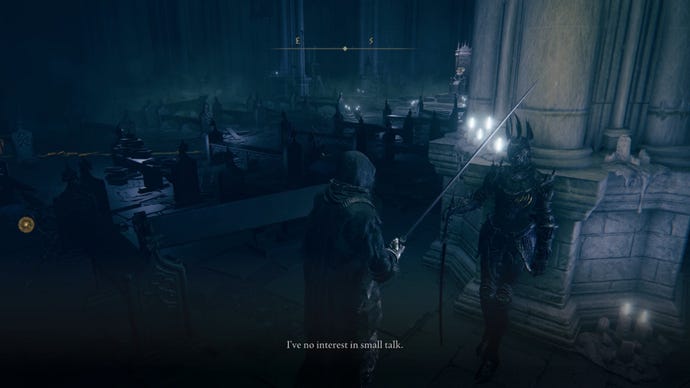 The player in Elden Ring: Shadow Of The Erdtree speaks with Swordhand Of Night Jolan inside Ymir's throne room.