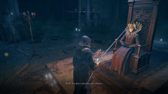 The player in Elden Ring: Shadow Of The Erdtree speaks to Count Ymir sitting upon his throne.