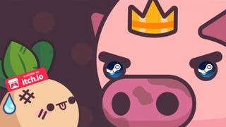 Turnip Boy wears an Itch.io logo on his head and faces the pig king, who has Steam logos for eyes.