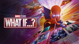 A promotional image for Marvel's What If...? showing the Watcher, a bald humanoid reaching his hand towards the camera, images of looks at other Marvel universes surrounding him.