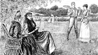 Two women are sitting on the side of lawn tennis court, chatting together while looking at a young couple standing a few yards away, the man with his tennis racket slung over his shoulder.