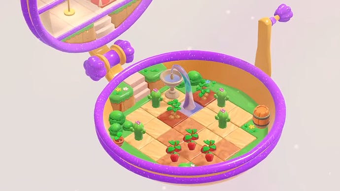 Plants and a fountain sit inside a Polly Pocket-like clamshell toy in cute farming sim game Tiny Garden